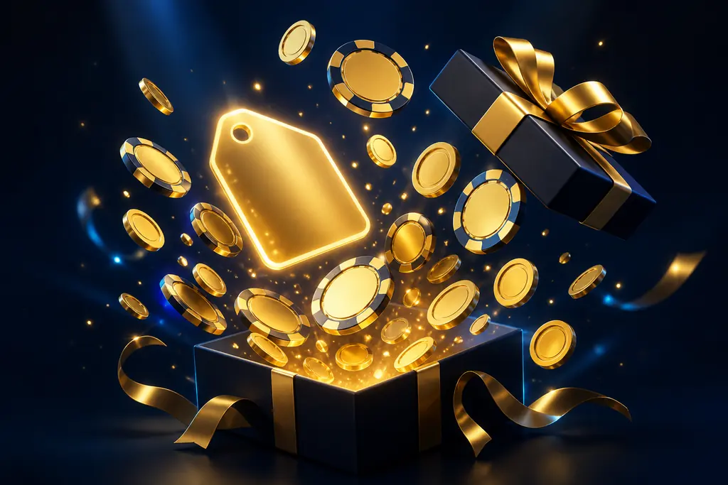 Fichas y monedas doradas saliendo de una caja de regalo, que representan el bono de bienvenida