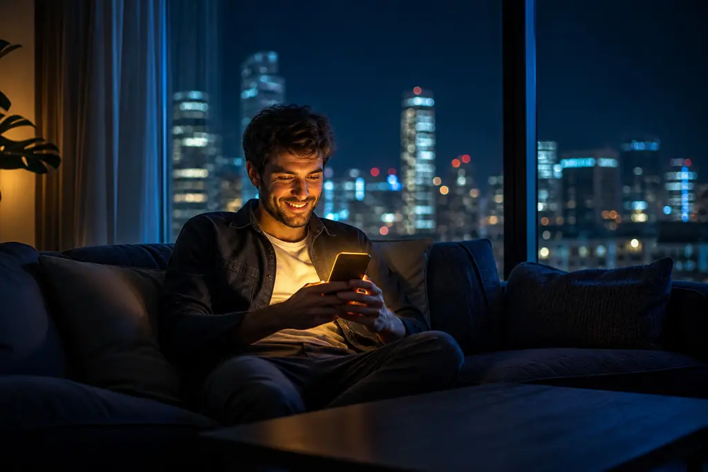 Jugador argentino usando la app de Mercado Casino desde el celular de noche en Buenos Aires