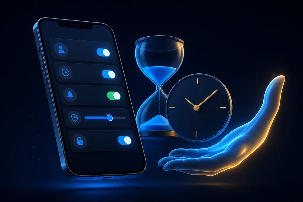 Panel de configuraci&oacute;n con l&iacute;mites de dep&oacute;sito y tiempo, reloj y una mano protectora