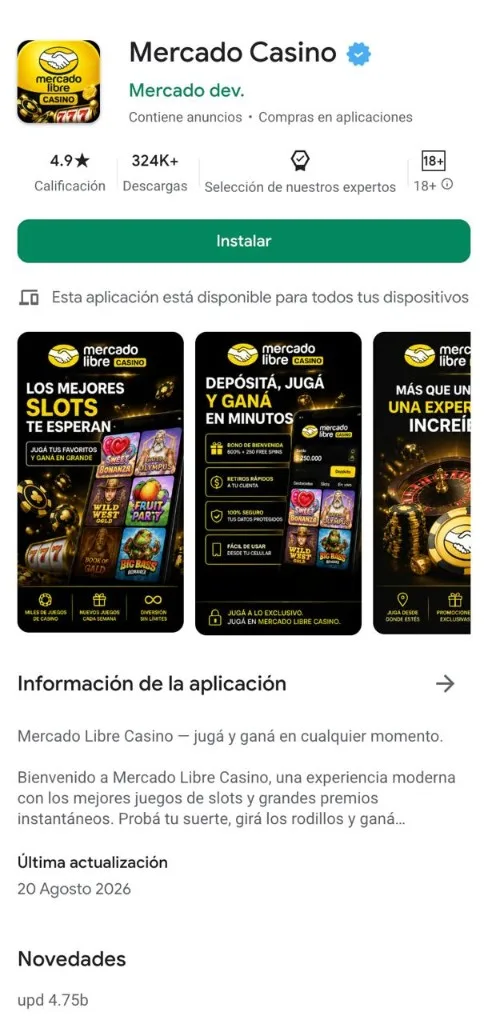 Mercado Casino en Google Play: 4.9 estrellas, 324K+ descargas, bot&oacute;n Instalar
