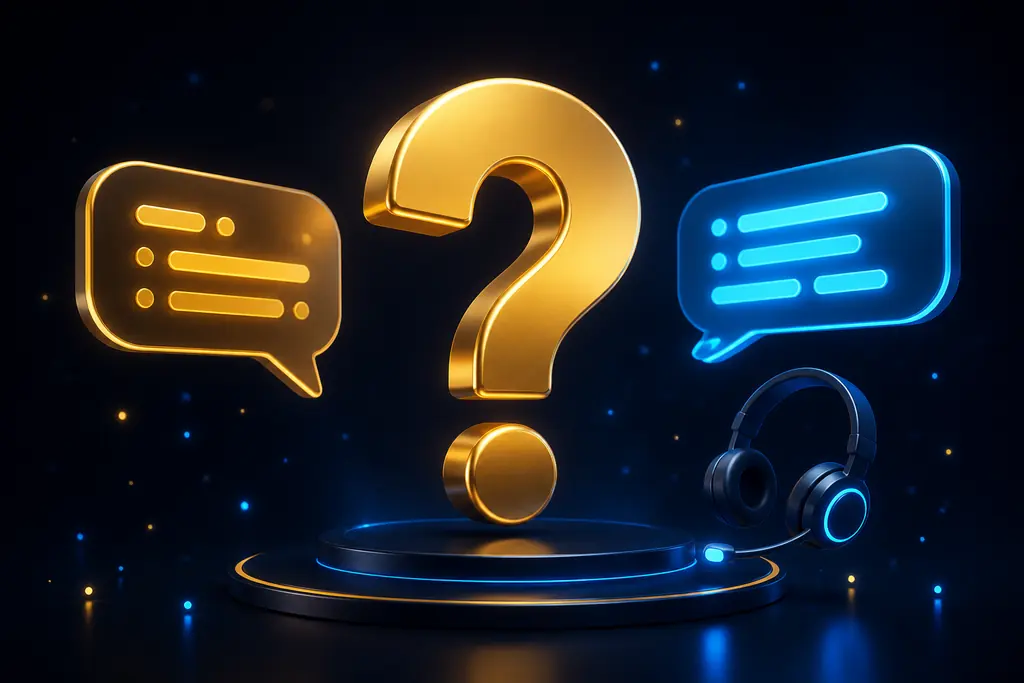 Signo de pregunta con globos de chat y auriculares, que representan el soporte al jugador