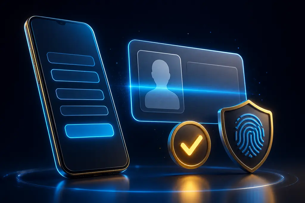 Formulario de registro en el celular junto a un documento de identidad en proceso de verificaci&oacute;n
