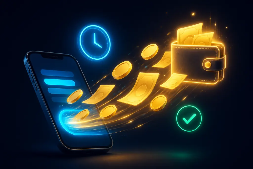 Monedas y billetes saliendo de un celular hacia una billetera virtual, que representan un retiro